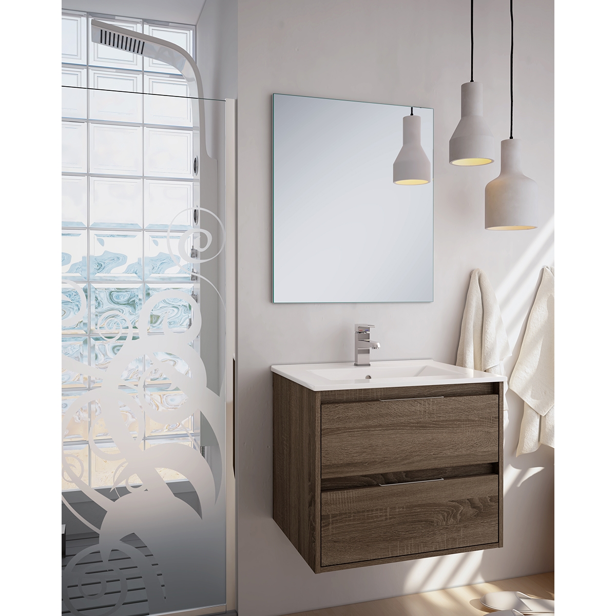 Fotos ambiente de Mueble de baño suspendido Bolton de 60 cm de ancho color Britannia con lavabo integrado
