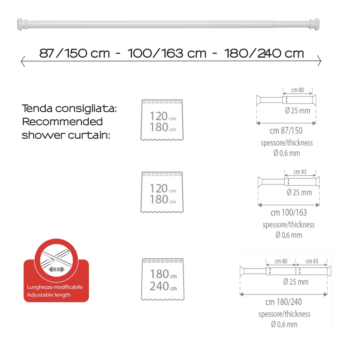Barra De Ducha Extensible 87-240 Cm Blanco