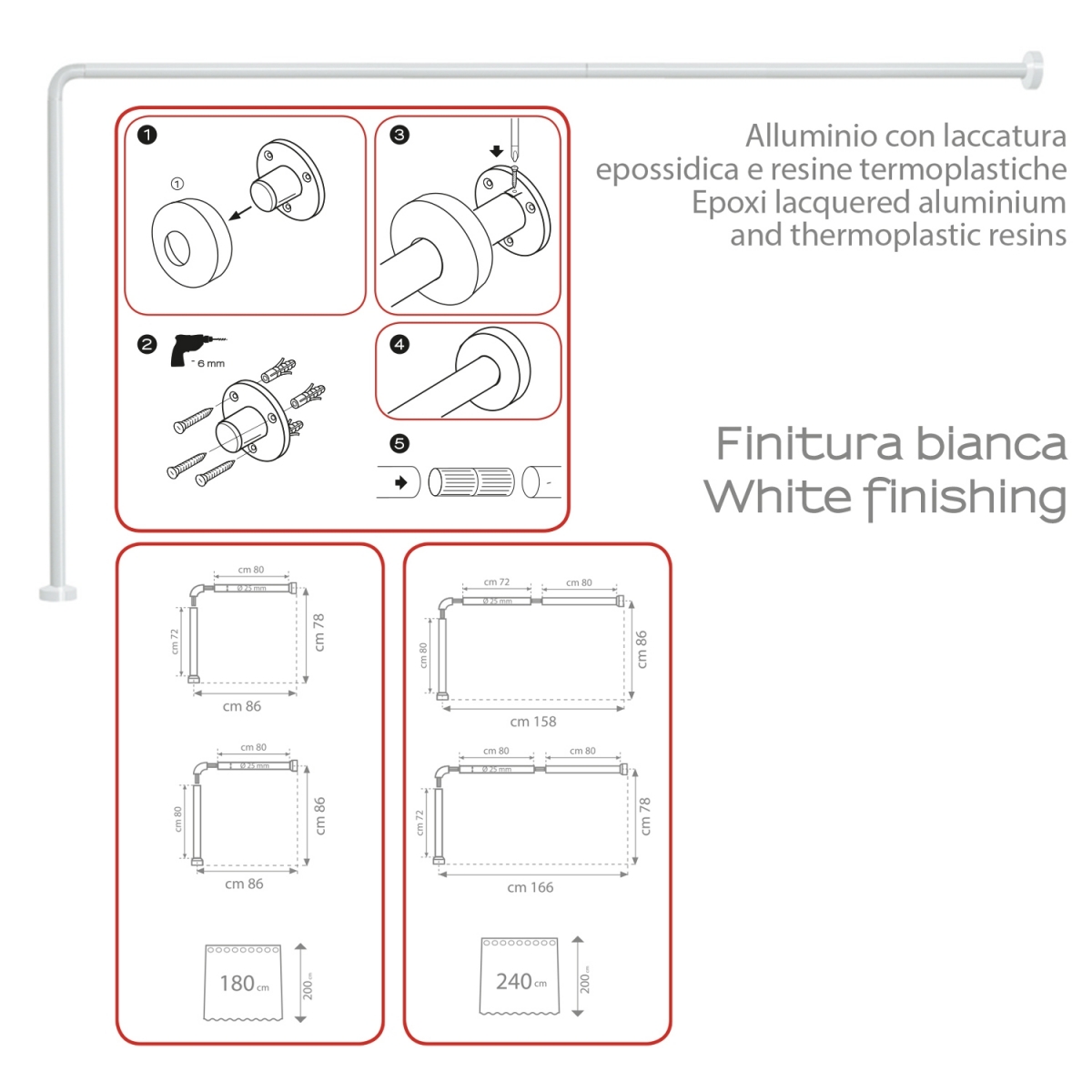 Image of Angular Shower Bar 86X166 Cm White