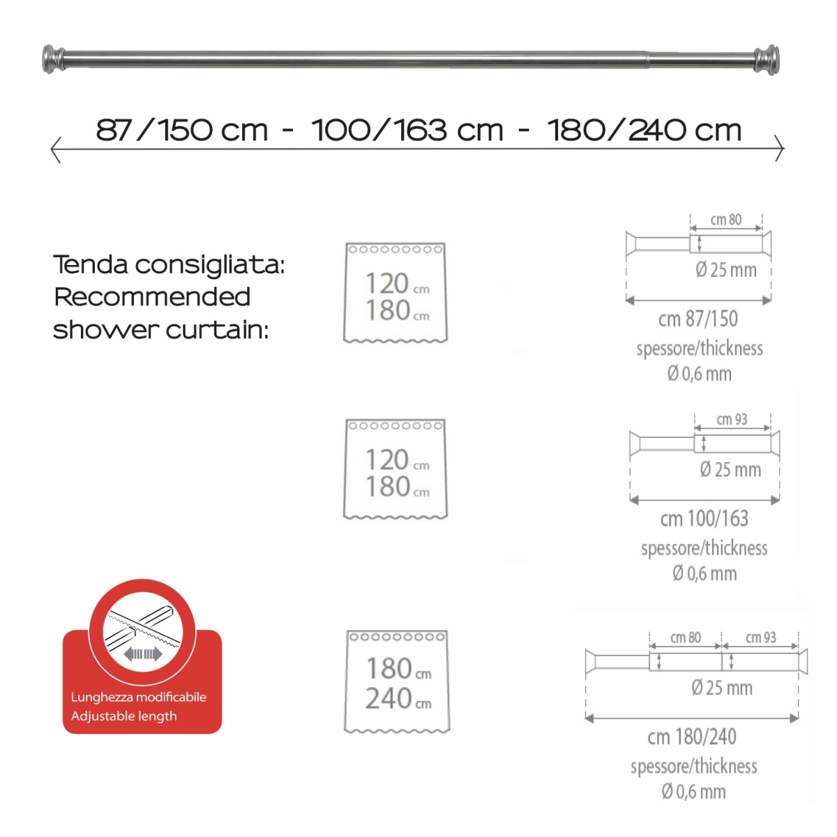 Barra De Ducha Extensible 87-240 Cm Cromo