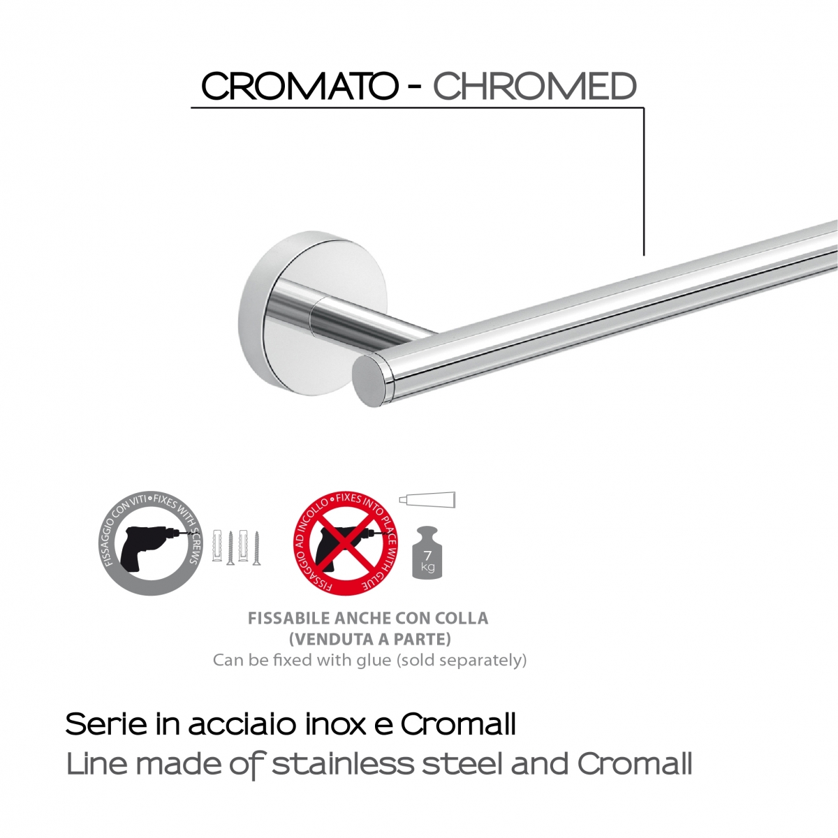 Details about Eros Set 4 Pz. (Towel rack 45Cm, Toilet pad, Hanger, Ring) Chrome