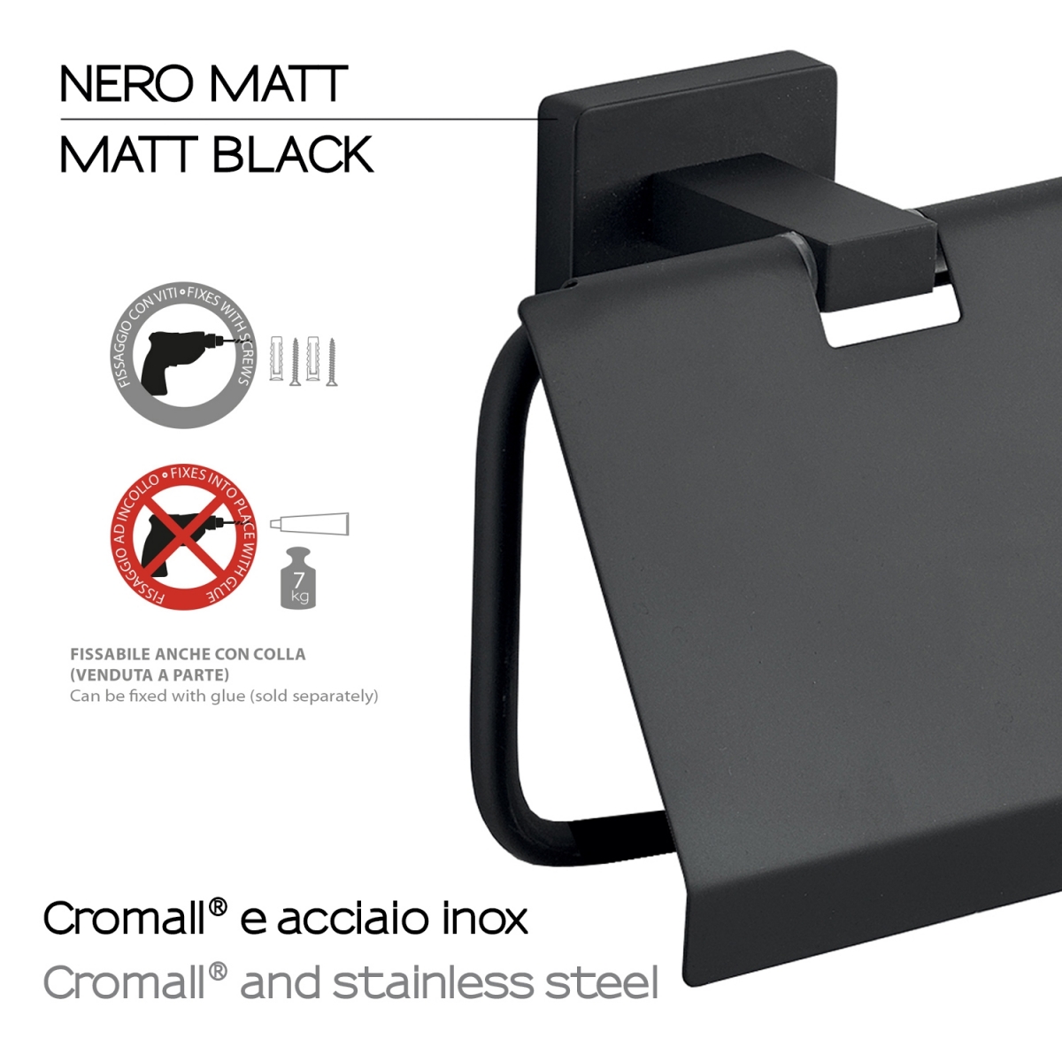 Detail of Atena Matte Black Toilet Paper Holder With Lid