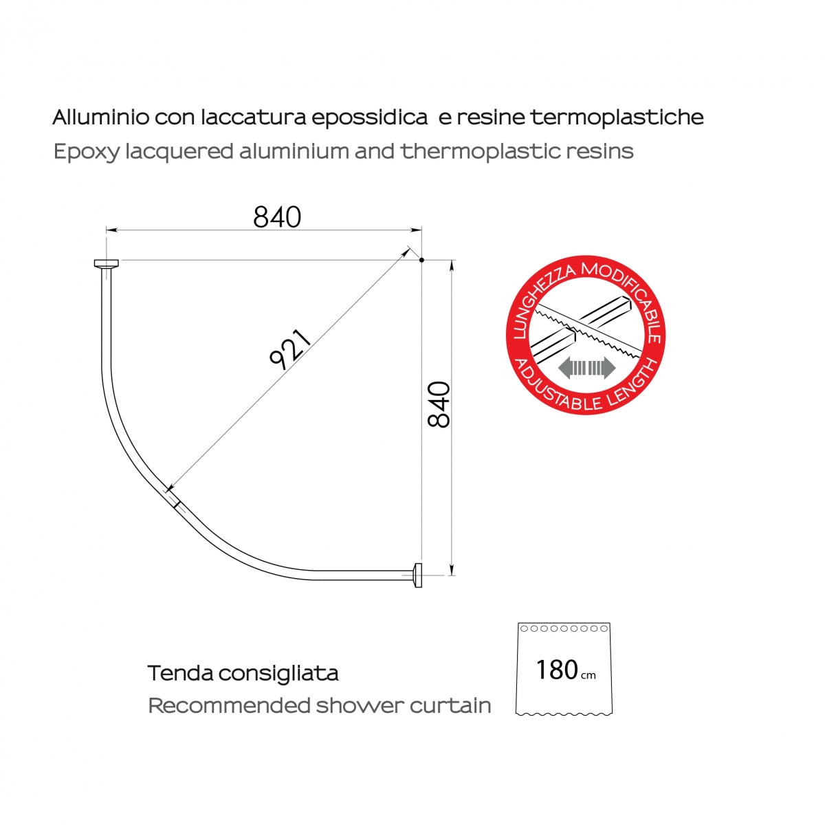Semicircular Shower Bar 84X84 Cm White