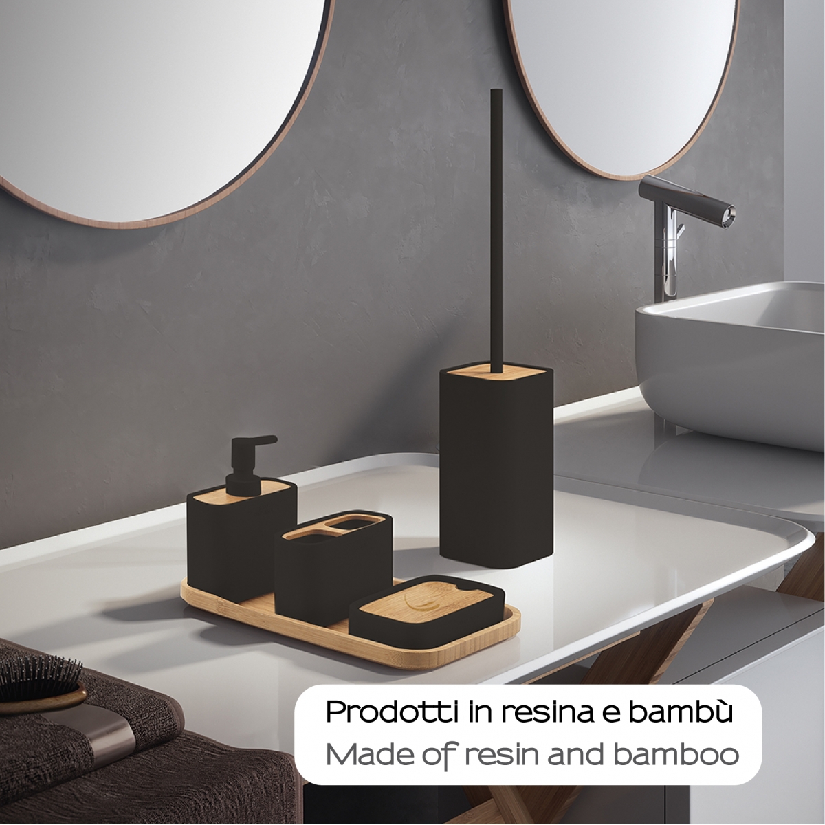 Détail de Ninfea Set 2 Pz. (Distributeur + Porte-Brosse à dents + Porte-savon + Porte-Brosse + Plateau) Noir Mat