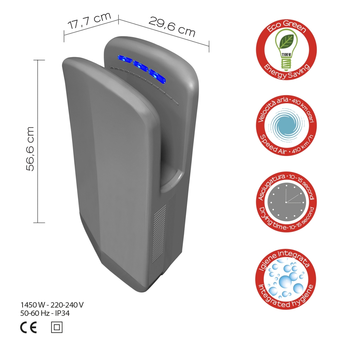 Automatic Vertical Hand Dryer 1450W Diablo Gray