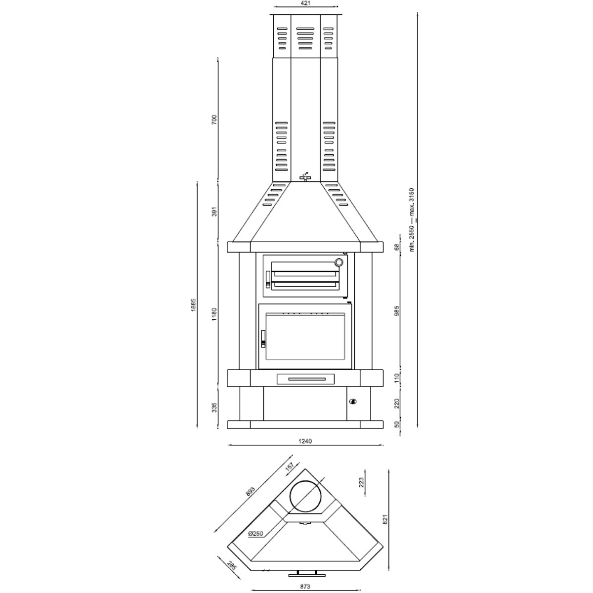 Esquema de medição da chaminé c-200-rh