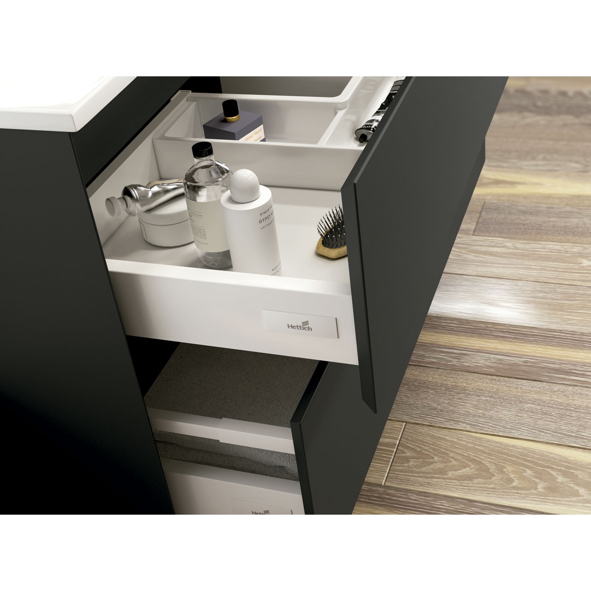 Photos d’ambiance de meubles de salle de bain suspendus Luton 80 cm de large Couleur noir mat avec lavabo intégré [53749]