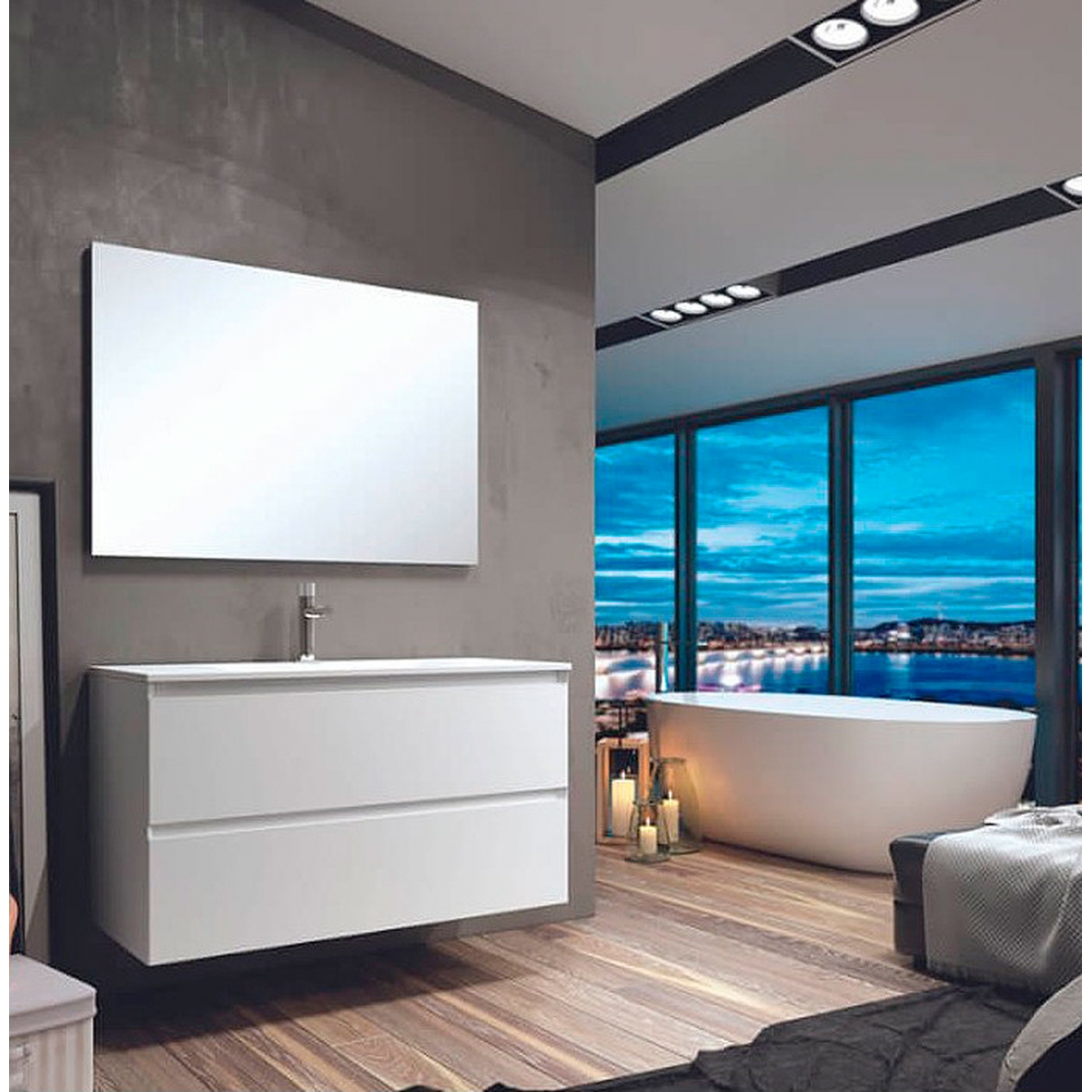 Détail du meuble de salle de bain suspendu Luton de 80 cm de large Couleur blanc mat avec lavabo intégré