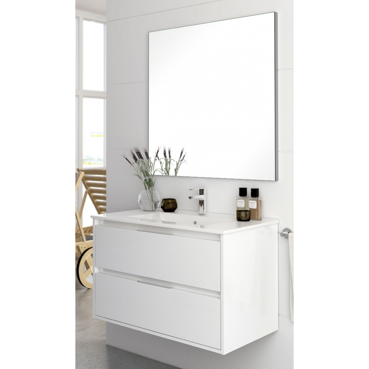 Ambient photos of Bolton 60 cm wide suspended bathroom furniture white with integrated sink [53765]