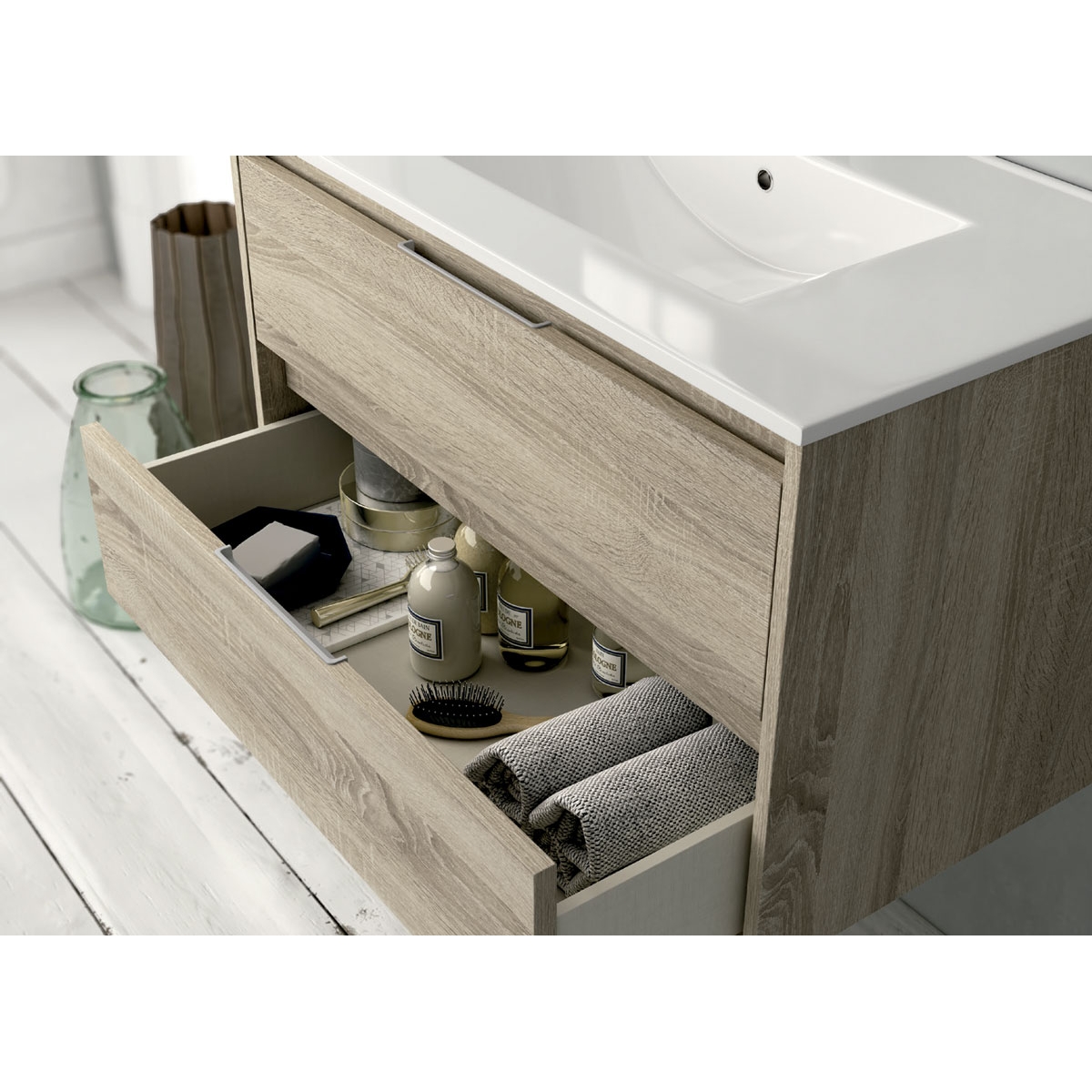Ambient photos of Bolton 80 cm wide suspended bathroom furniture Cambrian color with integrated sink [53768]