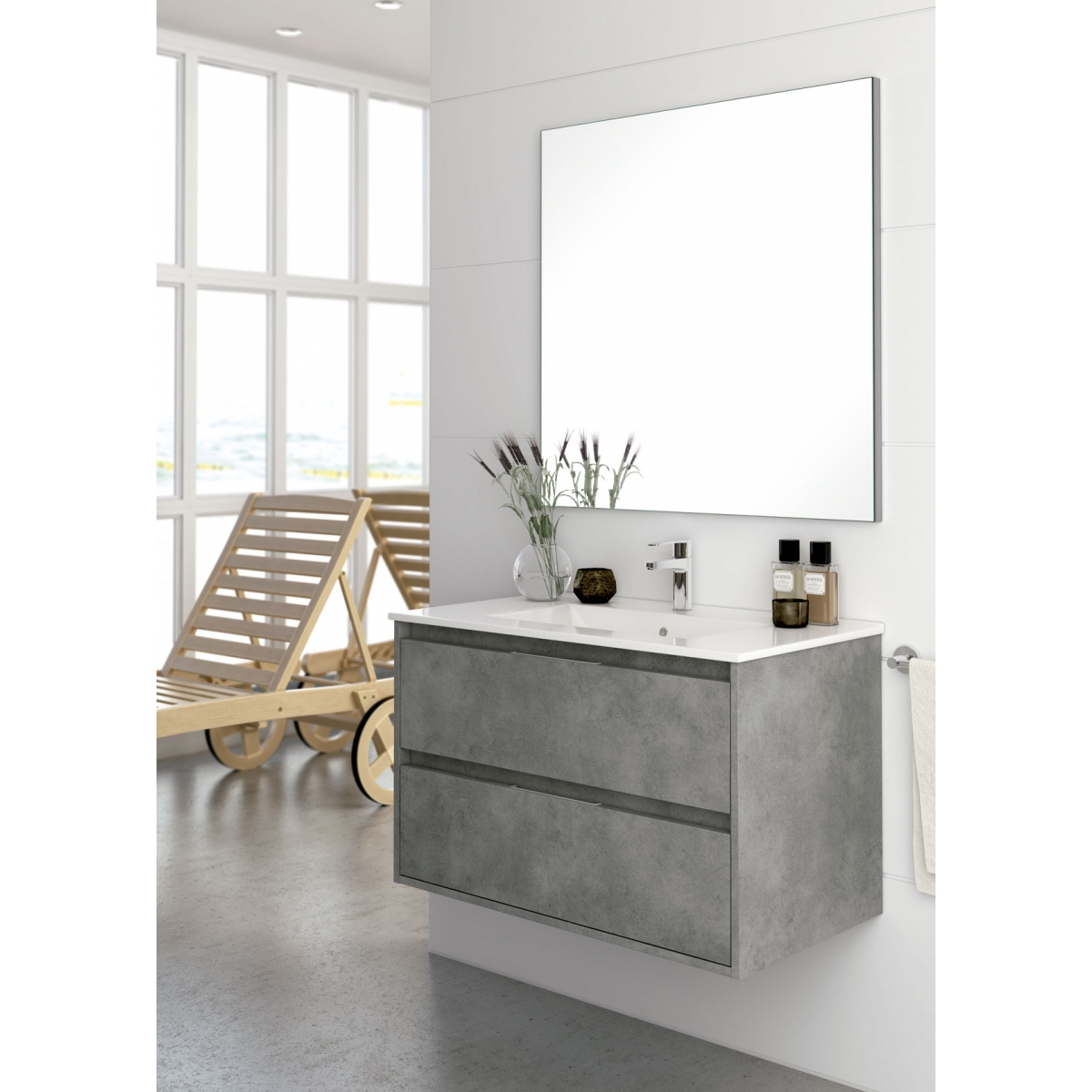 Fotografias de ambiente do móvel de casa de banho suspenso Bolton 80 cm de largura Cor de cimento com lavatório integrado [53778
