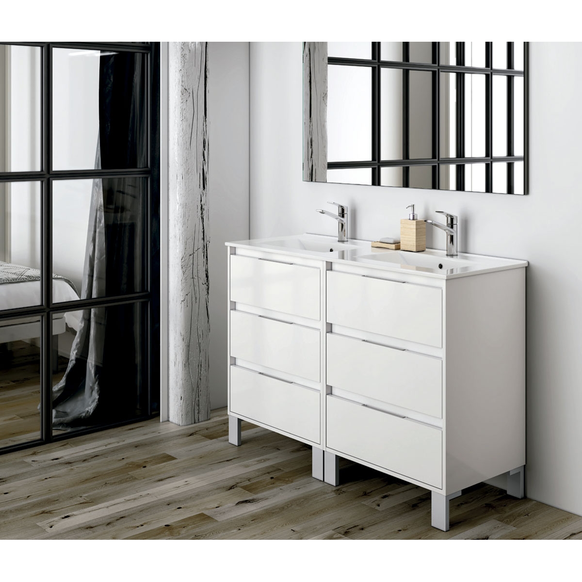 Ambient photos of Bolton 60 cm wide floor bathroom furniture white color with integrated sink [53814]
