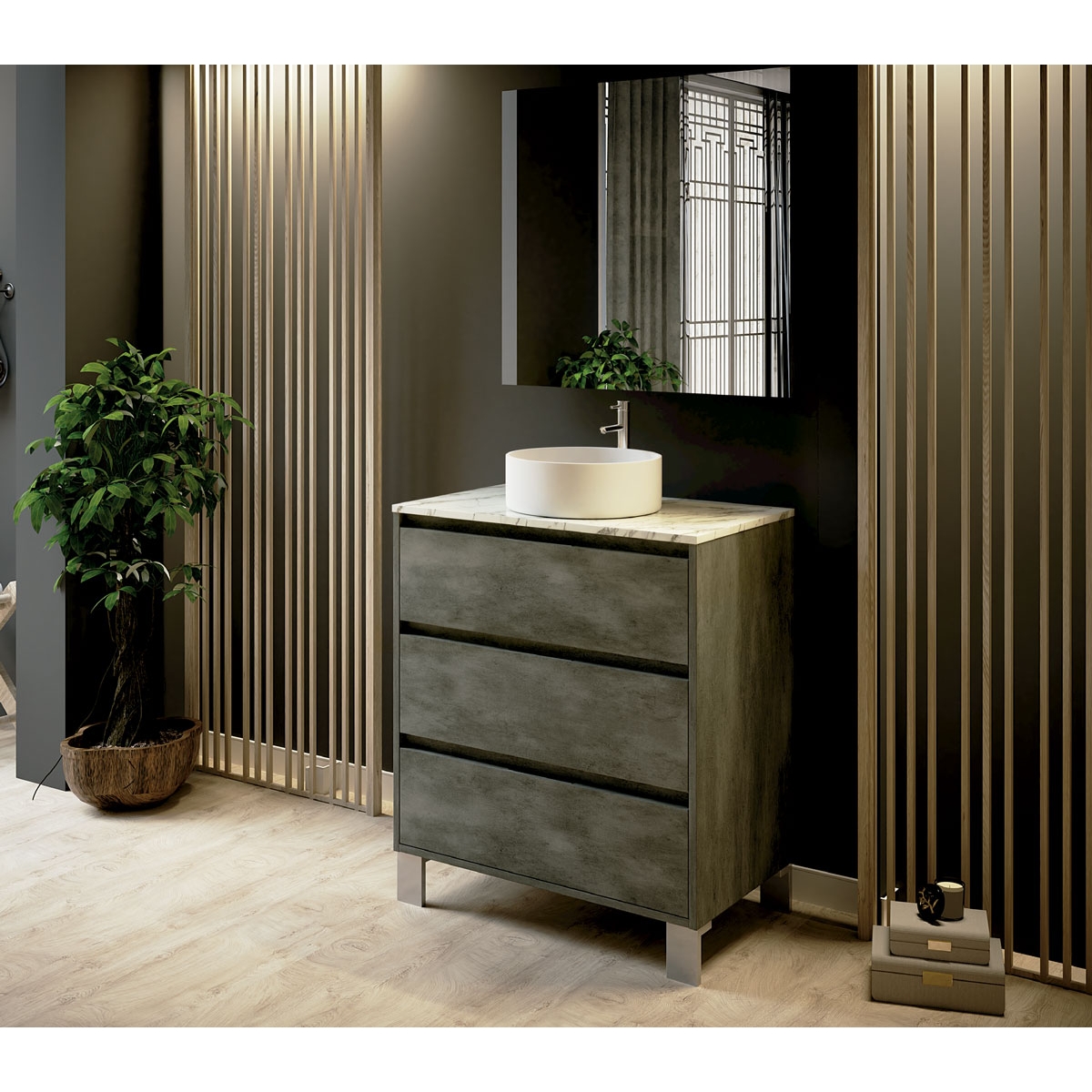 Fotografias de ambiente do móvel de casa de banho de chão Bolton de 100 cm de largura na cor Cimento com lavatório integrado [53