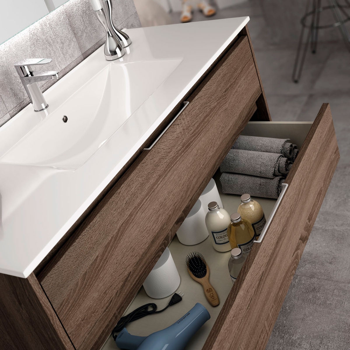 Detail of Bolton suspended bathroom furniture 60 cm wide Britannia color with integrated sink