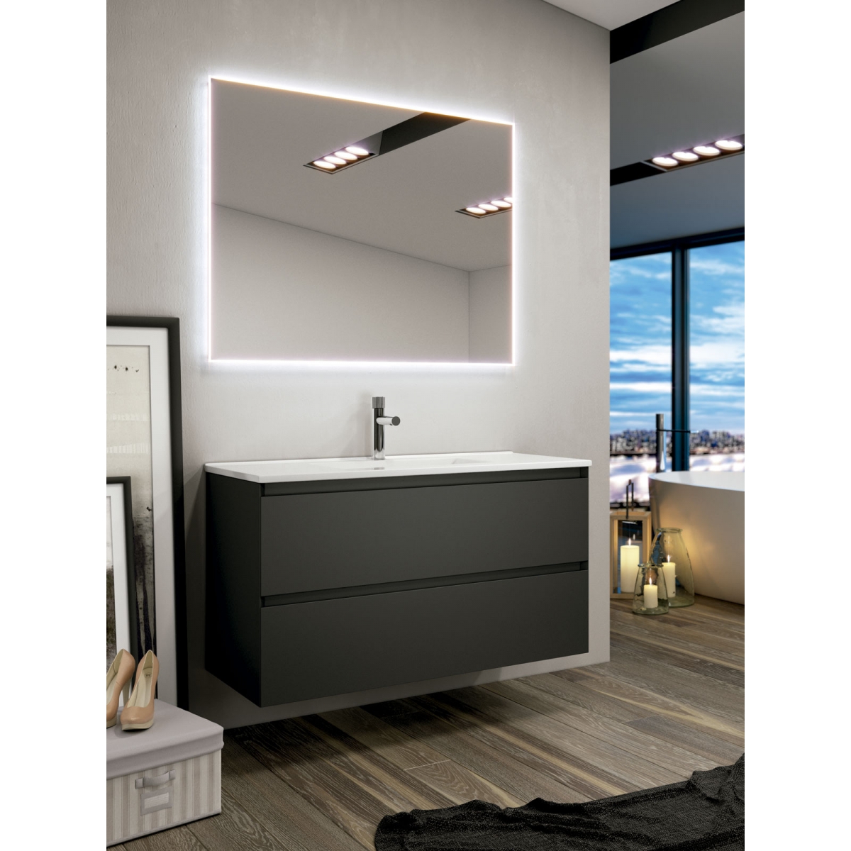 Mueble de baño suspendido Luton 100 cm ancho Negro Mate - Comprar online al  mejor precio.