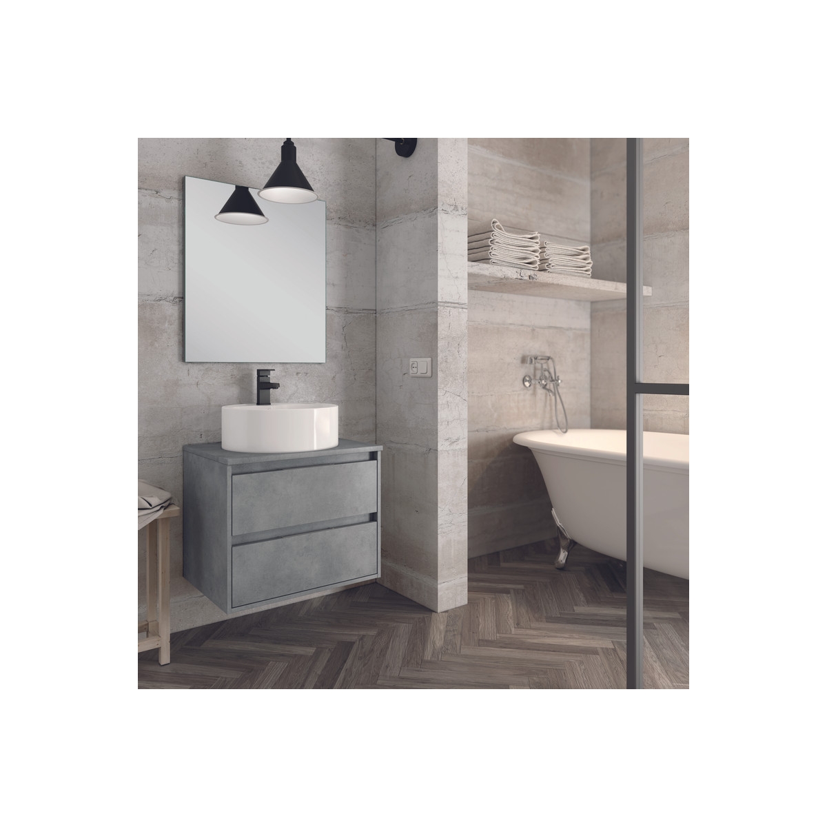 Detalhes de Bolton móvel de casa de banho suspenso com 100 cm de largura na cor Cimento com lavatório integrado