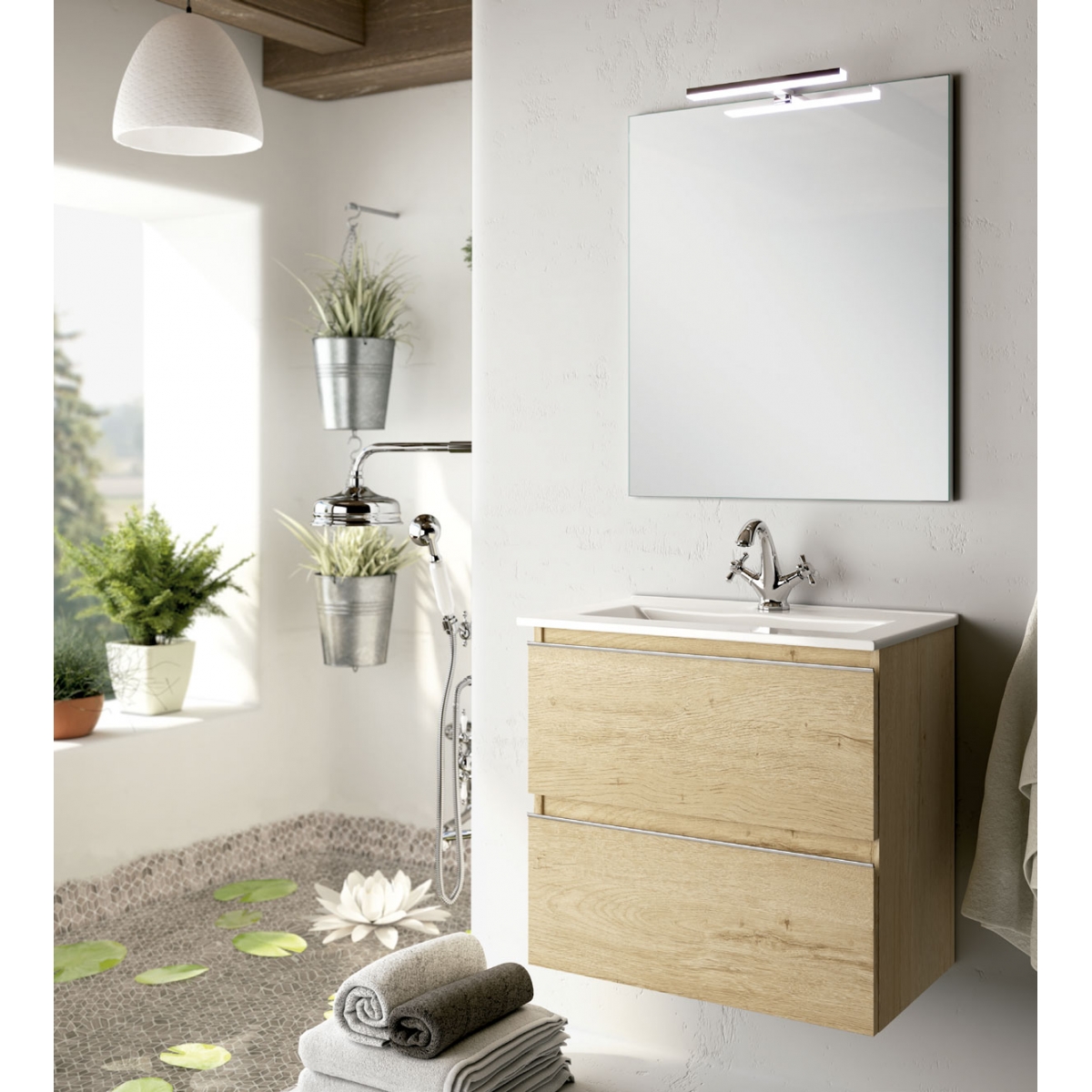 Mueble de baño suspendido Dundee de 60 cm de ancho color Britannia con lavabo integrado