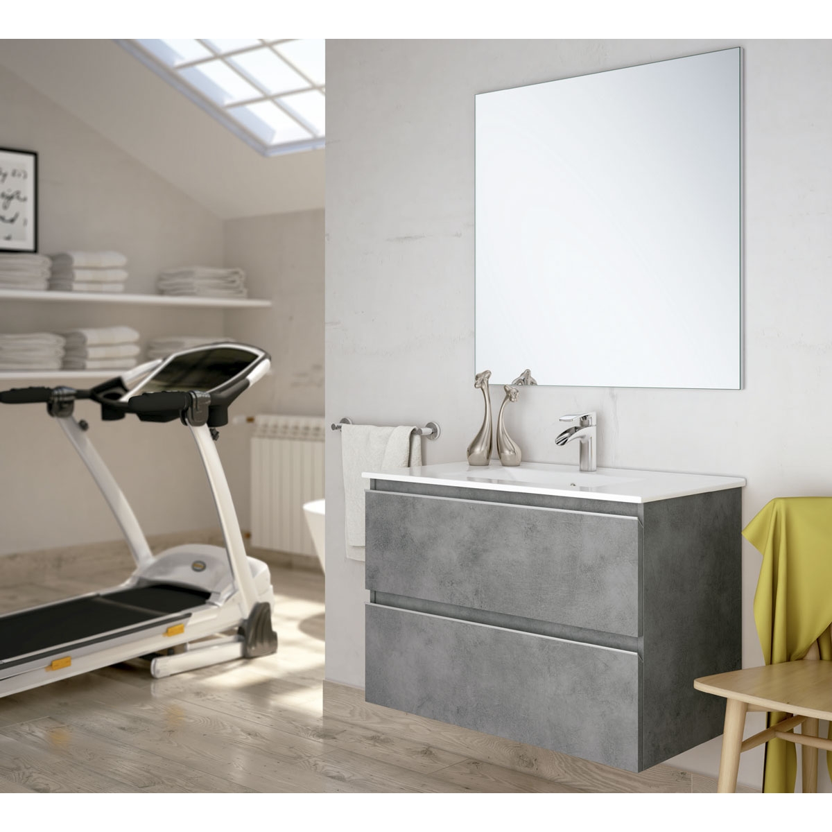 7Fotografias de ambiente do móvel de casa de banho suspenso Dundee de 60 cm de largura na cor Cimento com lavatório integrado [5