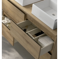 Photo of Dundee 60 cm wide suspended bathroom furniture in Otippo Oak color with integrated sink