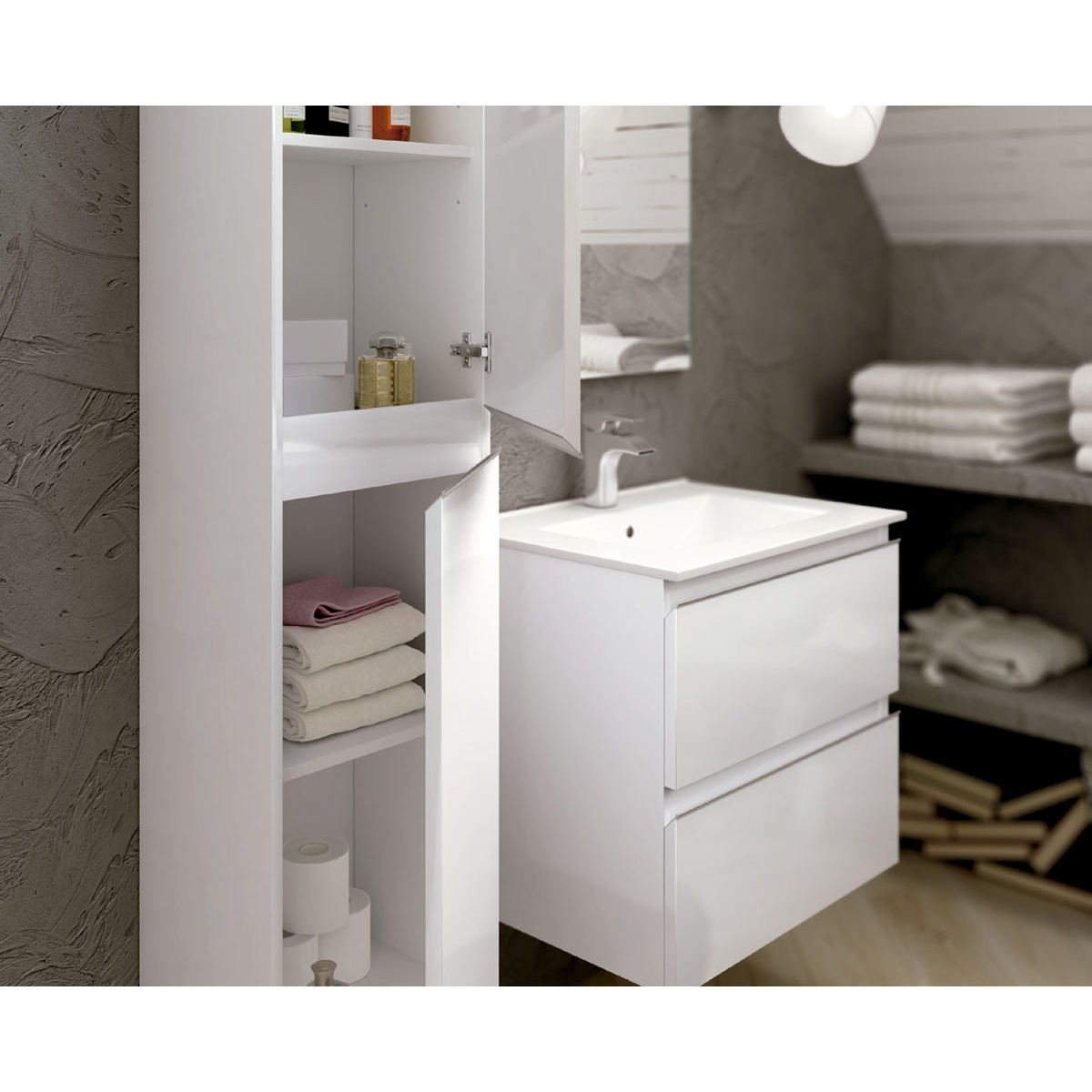 Móvel de casa de banho suspenso de 70 cm de largura Dundee em lacado branco com lavatório integrado