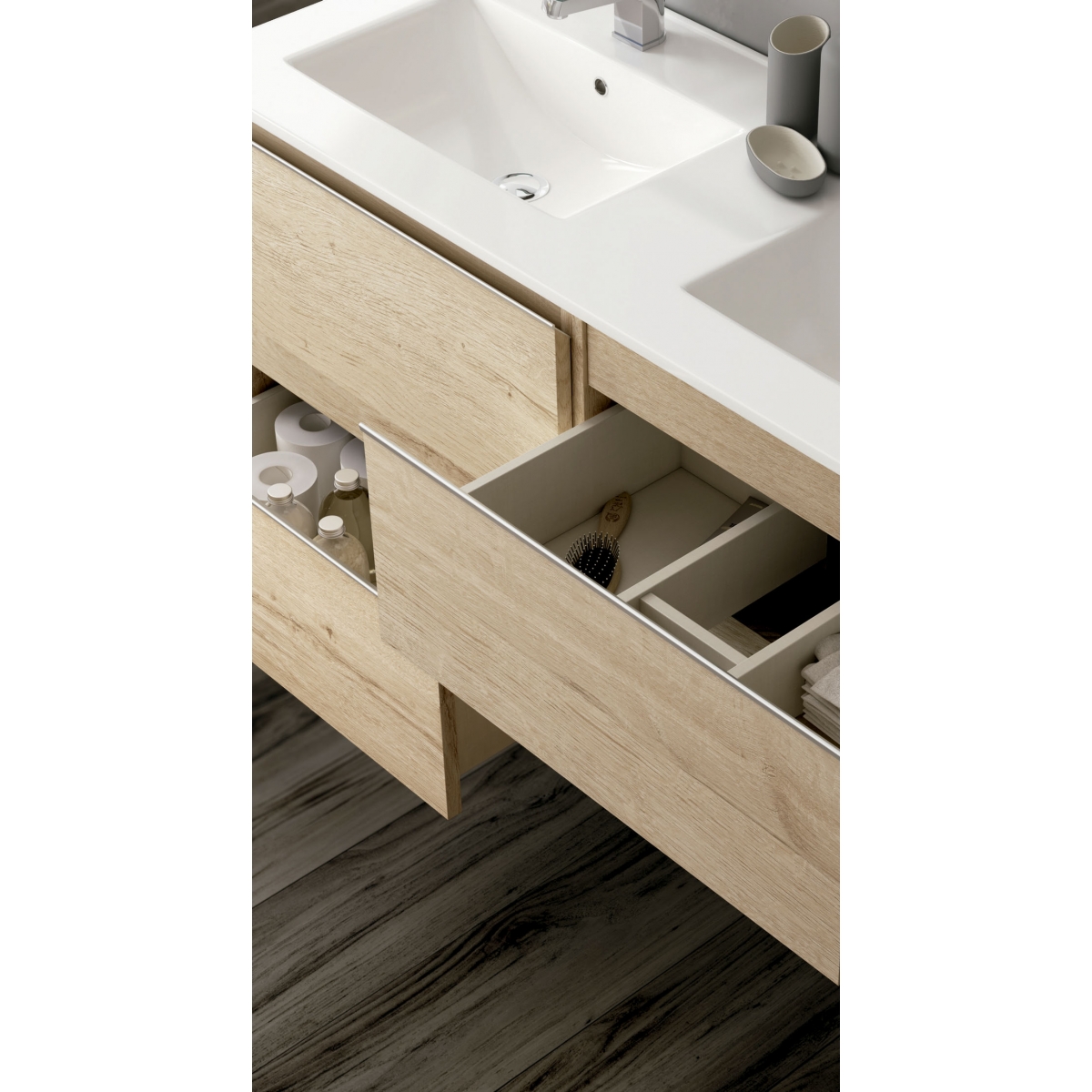 Ambient photos of Dundee 80 cm wide suspended bathroom furniture in Bamboo color with integrated sink [54431]