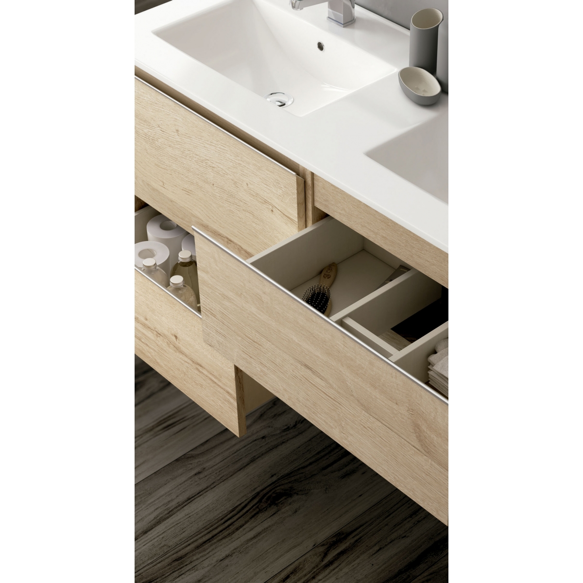 Fotografias de ambiente do móvel de casa de banho suspe7nso Dundee de 80 cm de largura na cor Bamboo com lavatório integrado [54
