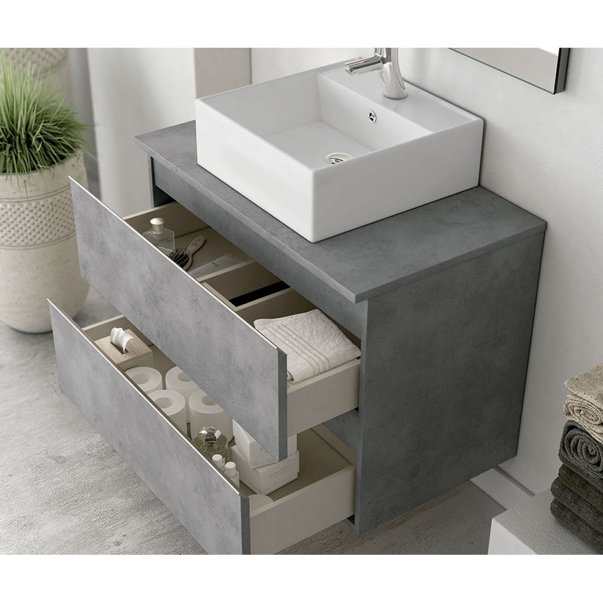 Fotos ambiente de Mueble de baño suspendido Dundee de 80 cm de ancho color Cemento con lavabo integrado [54437]