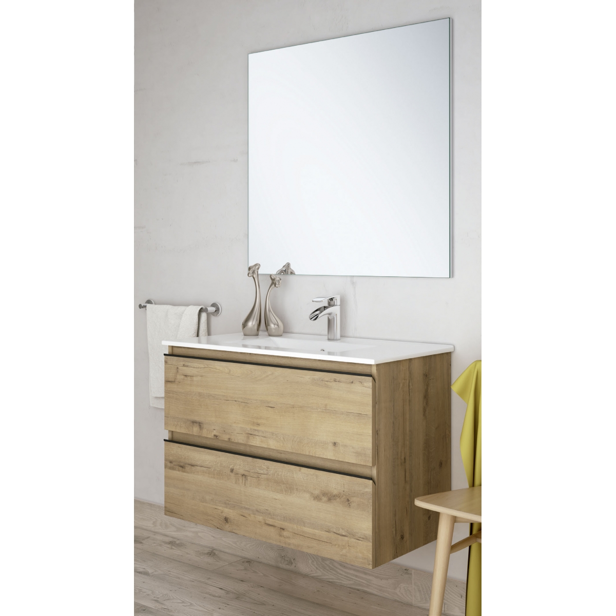 Ambient photos of Dundee suspended bathroom furniture 100 cm wide Otippo Oak color with integrated sink [54484]