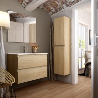 Fotografias de ambiente do móvel de casa de banho suspenso Dundee de 70 cm de largura na cor Bamboo com lavatório integrado [545