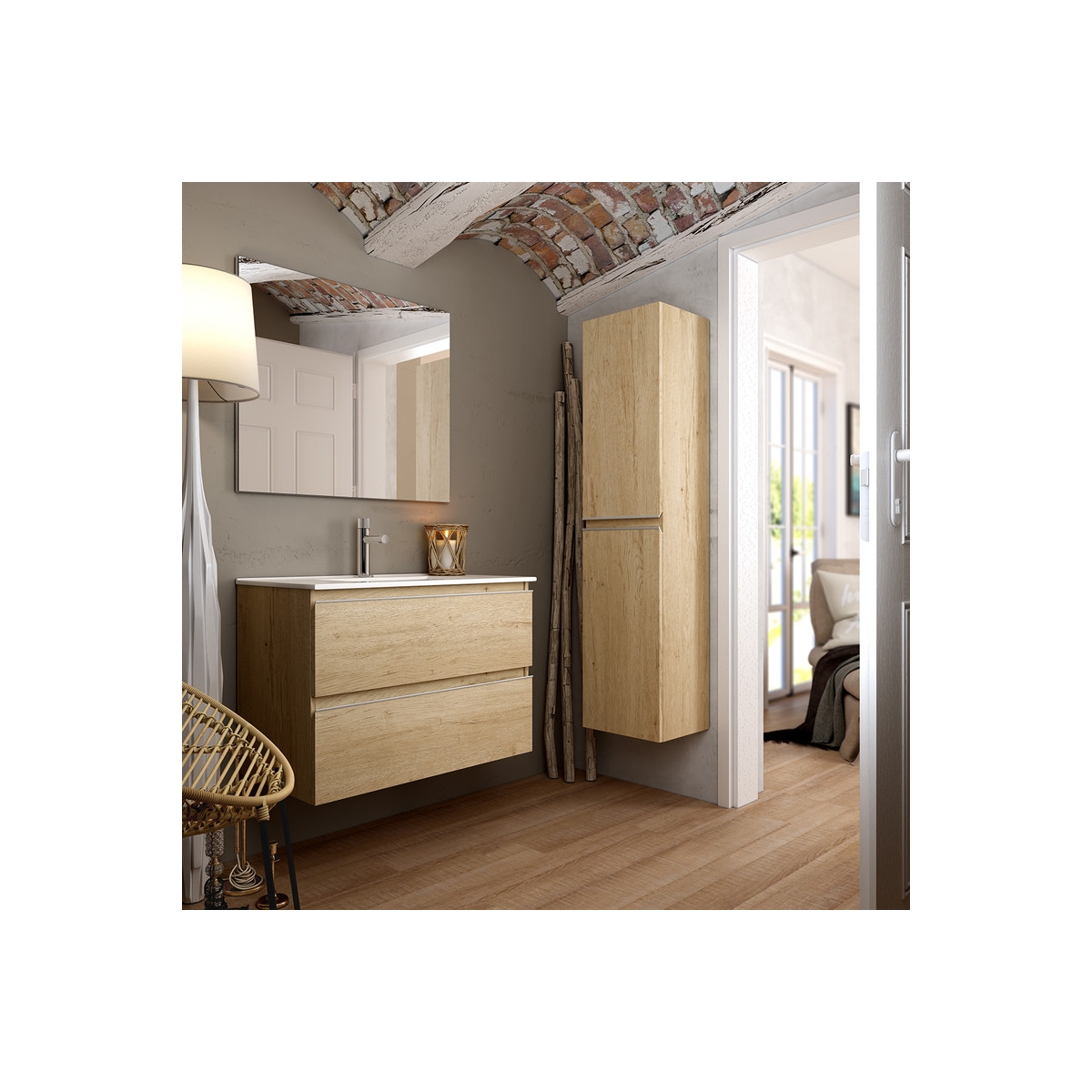 Fotos ambiente de Mueble de baño suspendido Dundee de 100 cm de ancho color Bambú con lavabo integrado [54520]