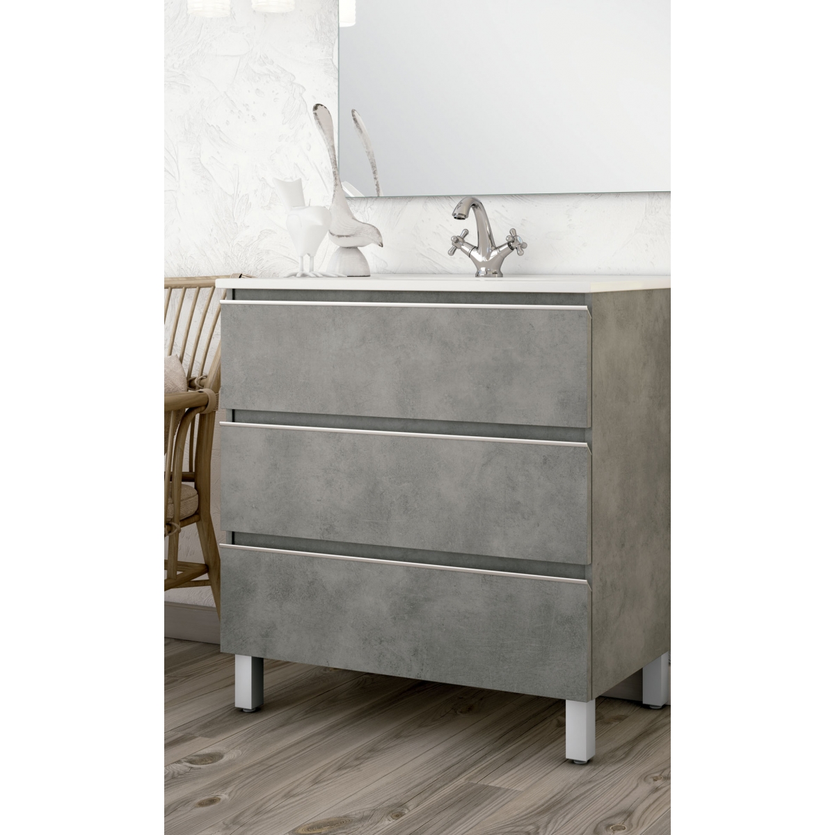 Ambient photos of Dundee floor bathroom furniture 60 cm wide Cement color with integrated sink [54564]