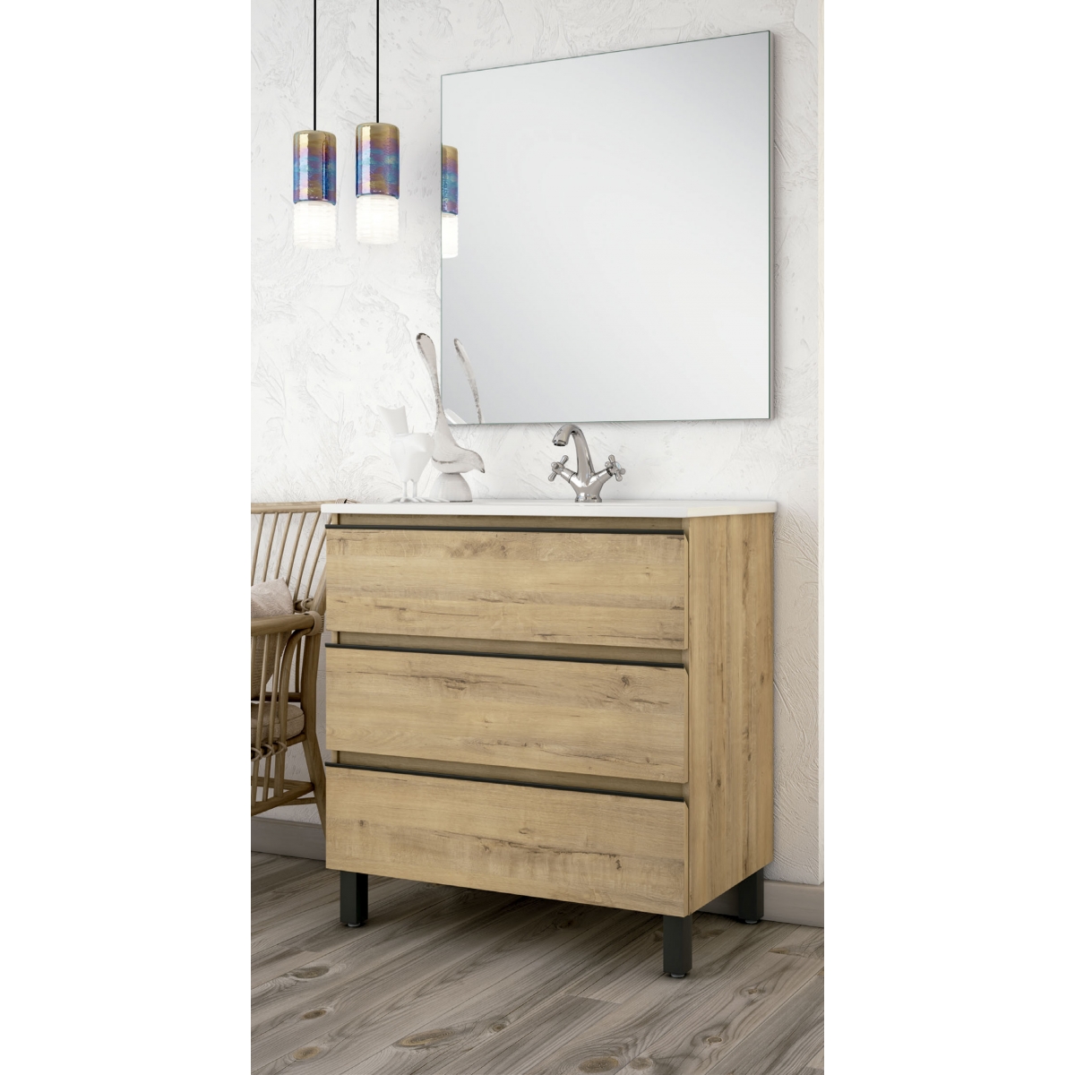 Fotos ambiente de Mueble de baño de suelo Dundee de 60 cm de ancho color Roble Otippo con lavabo integrado [54571]