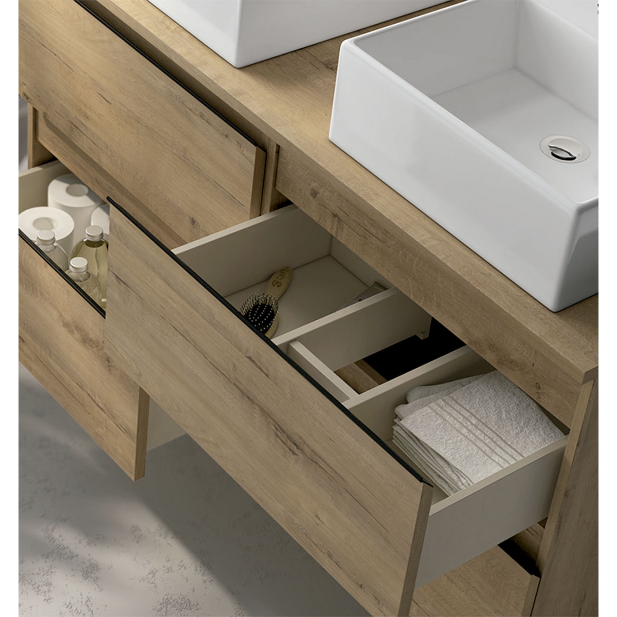 Fotografias de ambiente do móvel de casa de banho de chão em carvalho Otippo Dundee com 70 cm de largura e lavatório integrado [