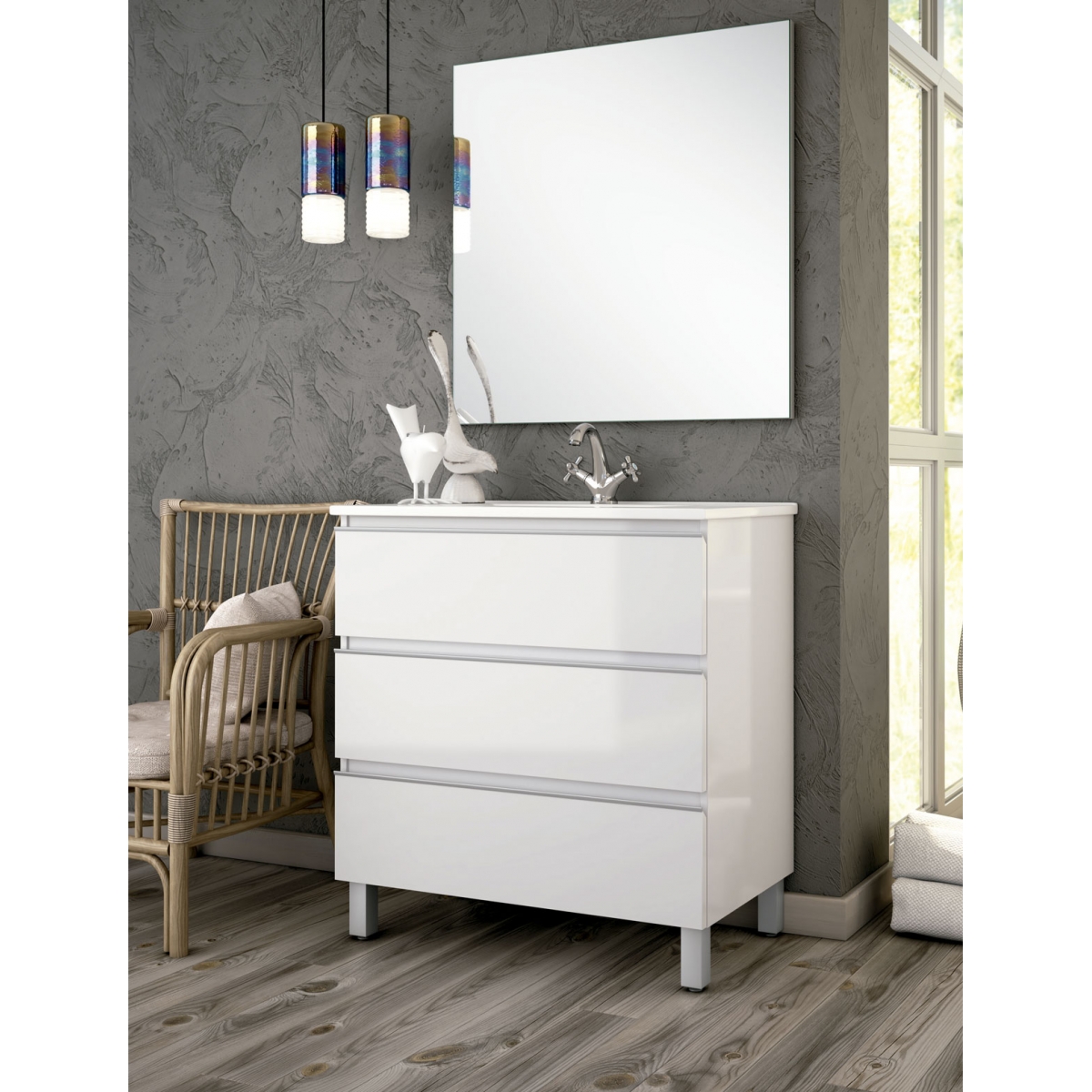 Detalle de Mueble de baño de suelo Dundee de 80 cm de ancho color Blanco Lacado con lavabo integrado
