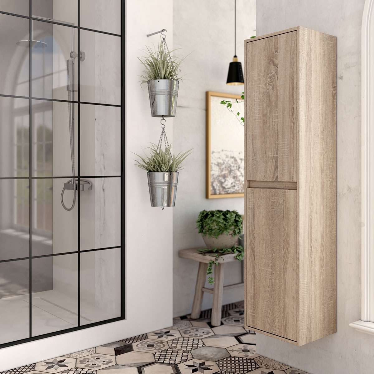 Pormenor do móvel de casa de banho de chão Dundee de 80 cm de largura na cor Bamboo com lavatório integrado