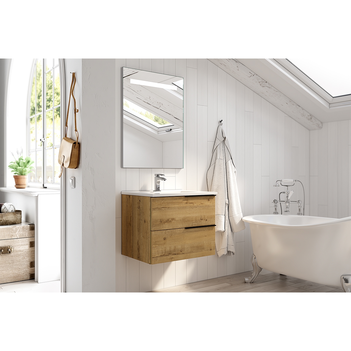 Image de Meubles de salle de bain suspendus Oban 60 cm de large Otippo Couleur chêne avec lavabo intégré