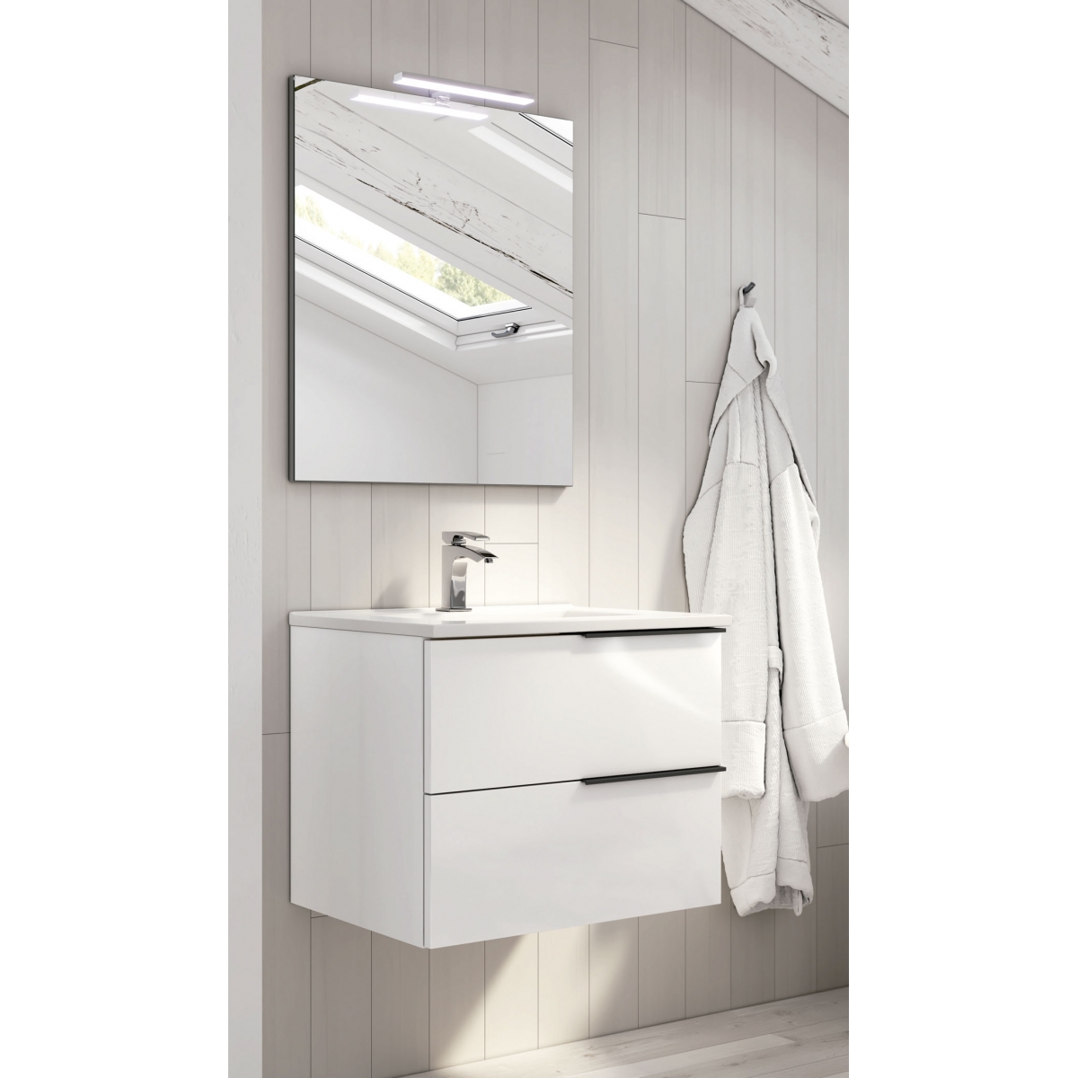 Ambient photos of Oban suspended bathroom furniture 80 cm wide White lacquered color with integrated sink [54860]