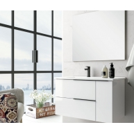 Detalhes de Oban, móvel de casa de banho suspenso com 100 cm de largura, lacado a branco, com lavatório integrado