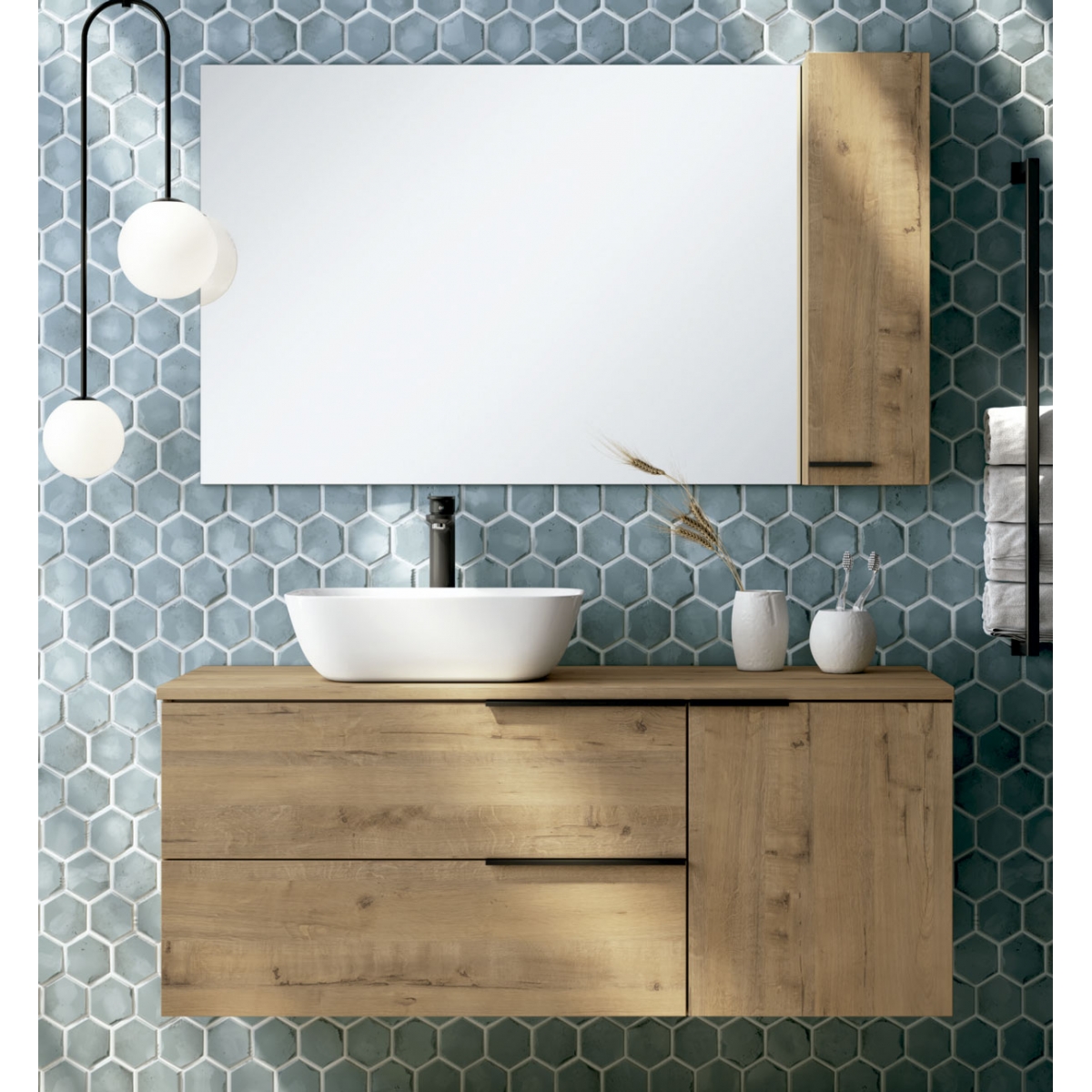Detalle de Mueble de baño suspendido Oban de 100 cm de ancho color Roble Otippo con lavabo integrado