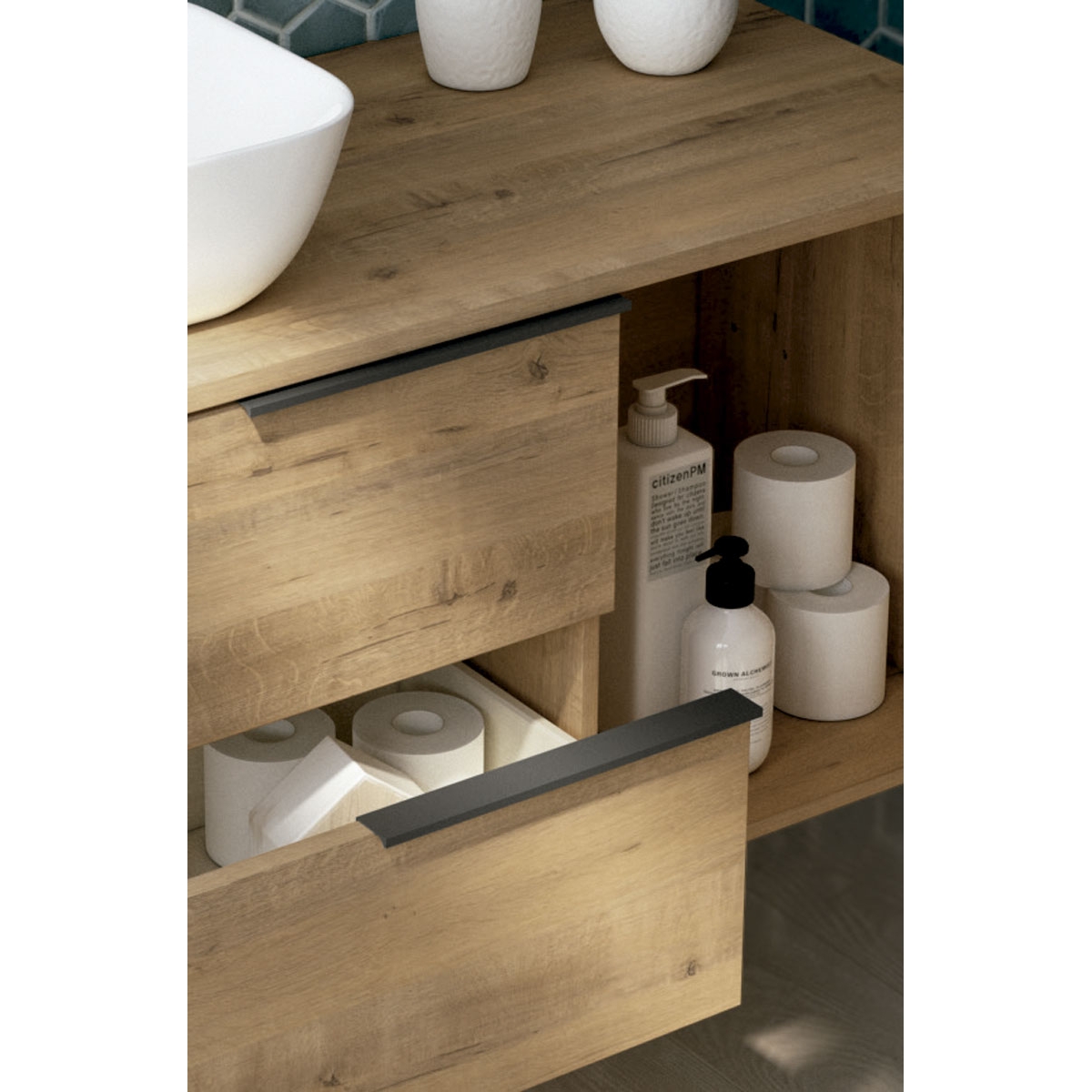 Umgebungsfotos von Oban aufgehängten Badezimmermöbeln mit 100 cm Breite Otippo Oak Farbe mit integriertem Waschbecken [54965]