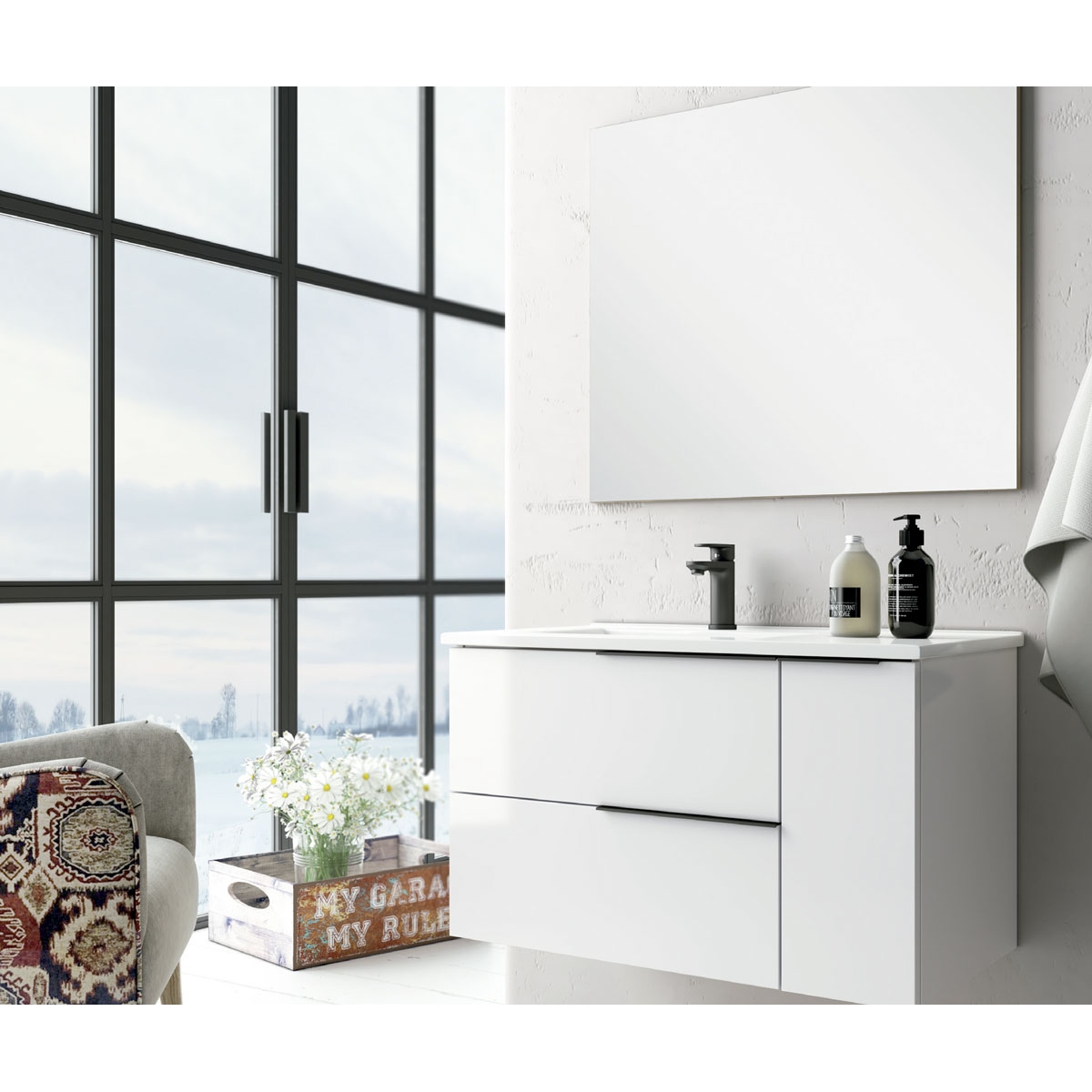 Fotos ambiente de Mueble de baño suspendido Oban de 120 cm de ancho color Blanco Lacado con lavabo integrado [54973]