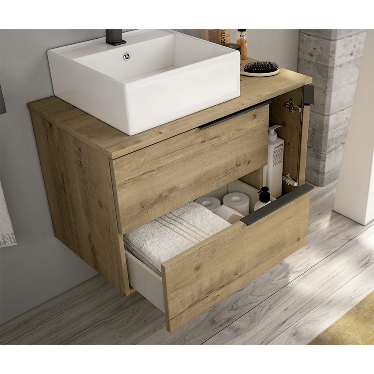 Fotos ambiente de Mueble de baño suspendido Oban de 120 cm de ancho color Roble Otippo con lavabo integrado [54984]