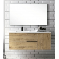 Fotografias de ambiente do móvel de casa de banho susp5enso Oban de 120 cm de largura, cor carvalho Otippo, com lavatório integr