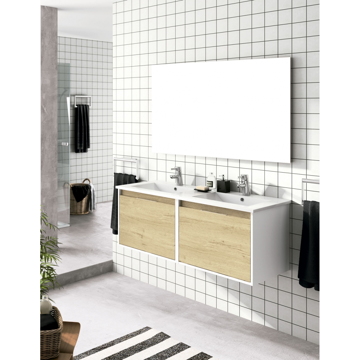 Fotos ambiente de Mueble de baño suspendido Poole de 80 cm de ancho color Bambú con lavabo integrado [55025]