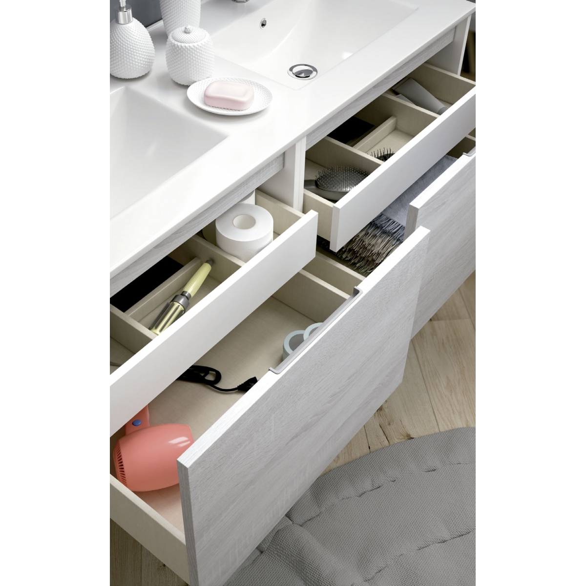 Ambient photos of Poole 80 cm wide suspended bathroom furniture Ebony color with integrated sink [55037]