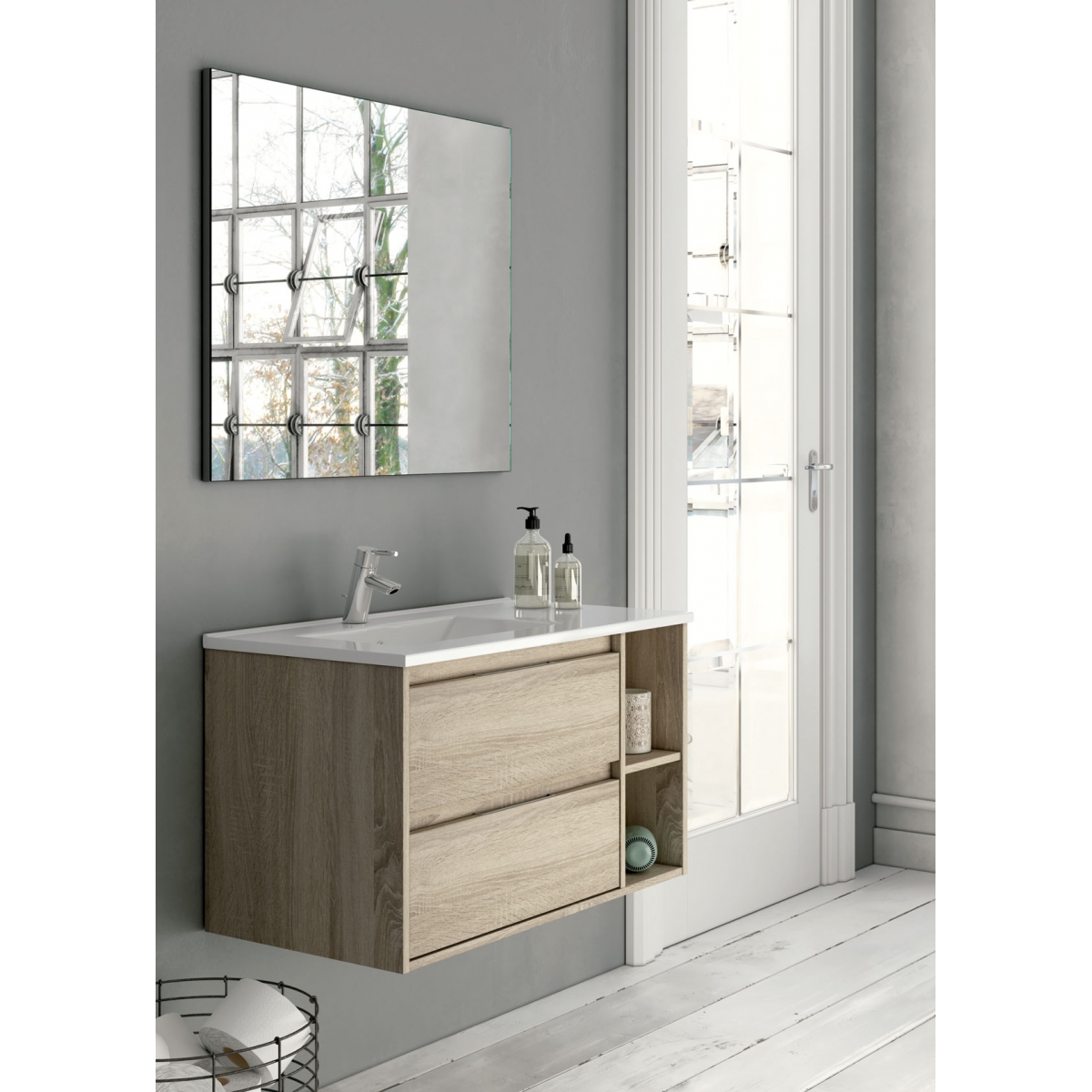Ambient photos of Dover 80 cm wide suspended bathroom furniture Cambrian color with integrated sink [55067]