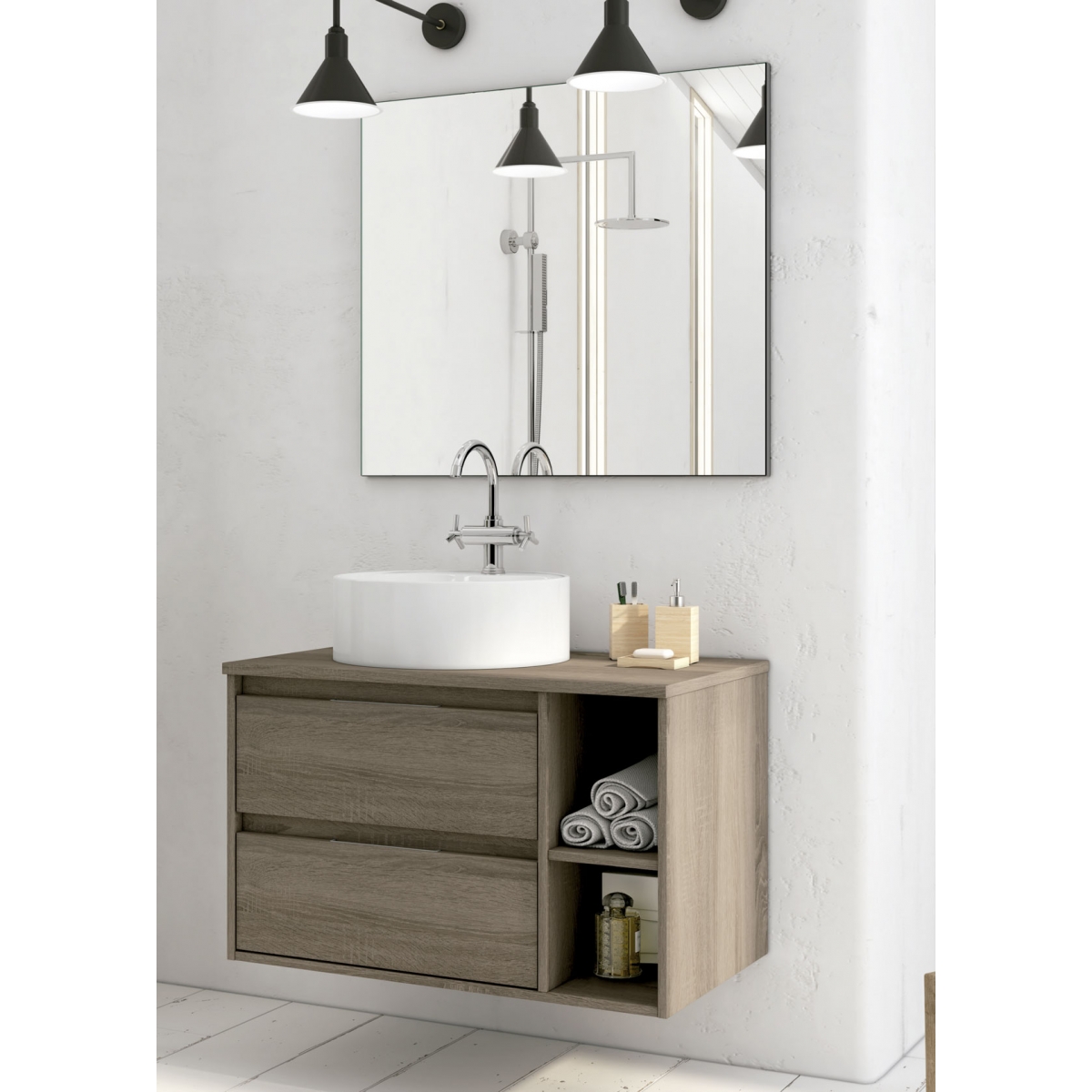 Meuble de salle de bain suspendu Dover de 80 cm de large couleur Britannia avec lavabo intégré