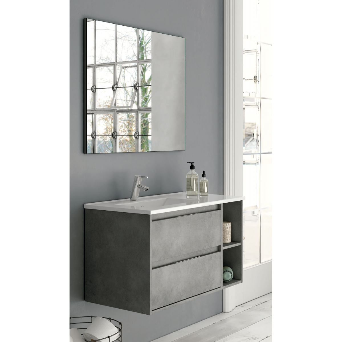 Ambient photos of Dover 80 cm wide suspended bathroom furniture in Cement color with integrated sink [55078]