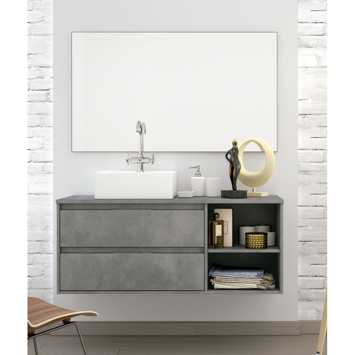 Detalle de Mueble de baño suspendido Dover de 100 cm de ancho color Cemento con lavabo integrado