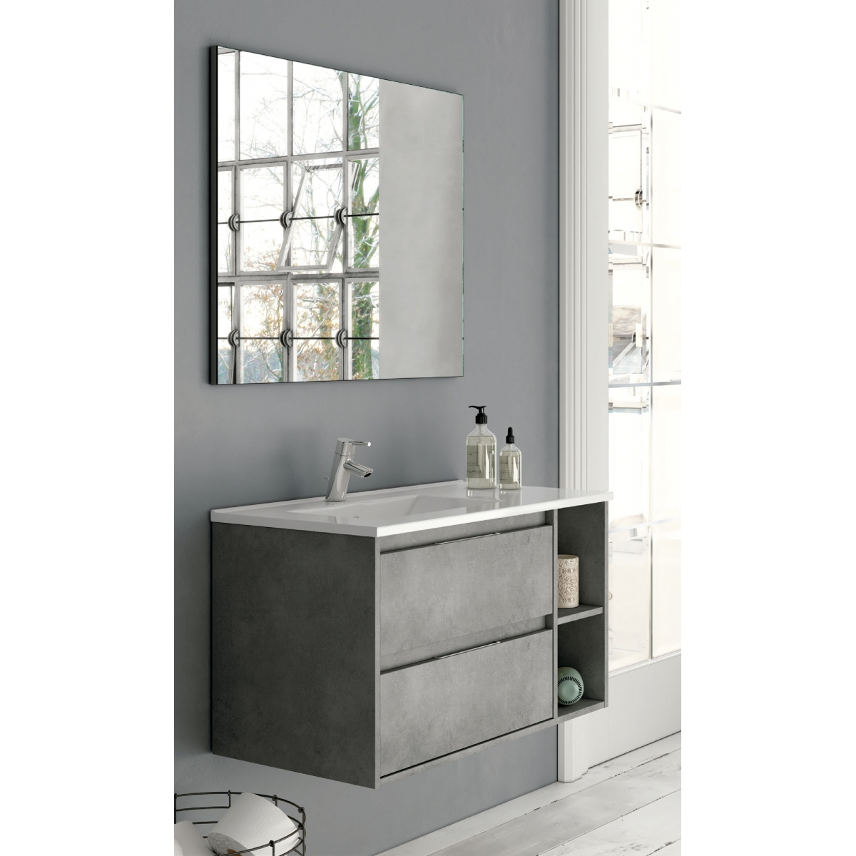 Fotos ambiente de Mueble de baño suspendido Dover de 100 cm de ancho color Cemento con lavabo integrado [55098]